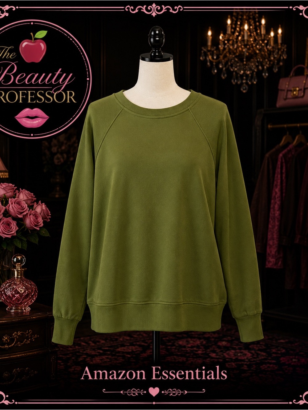 💞 Amazon Essentials XL Olive Green Crewneck Raglan Sweatshirt